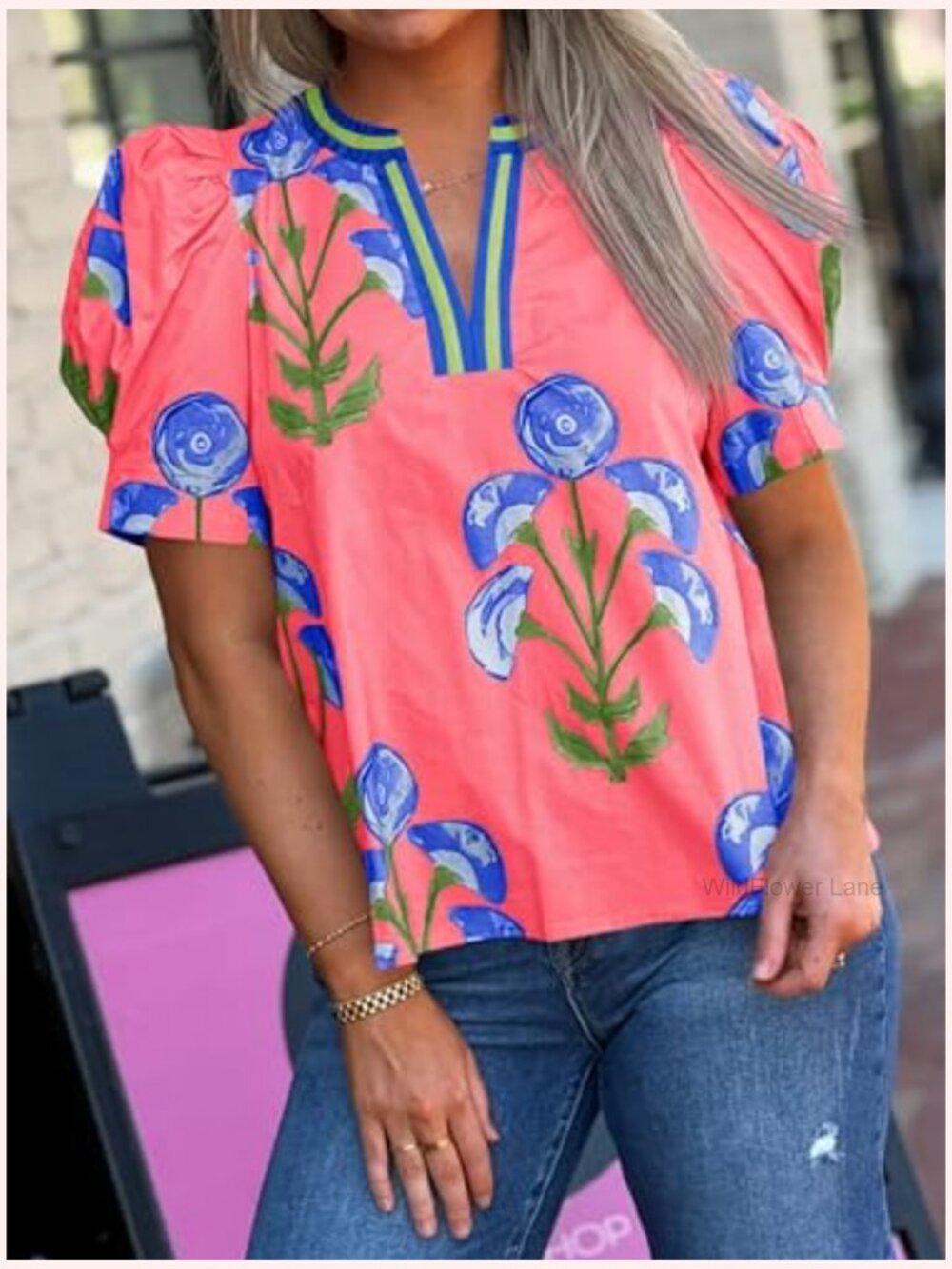 Puff Sleeve Floral Top V Neck Blouse Casual Dressy Summer Shirt - Picture 4 of 6